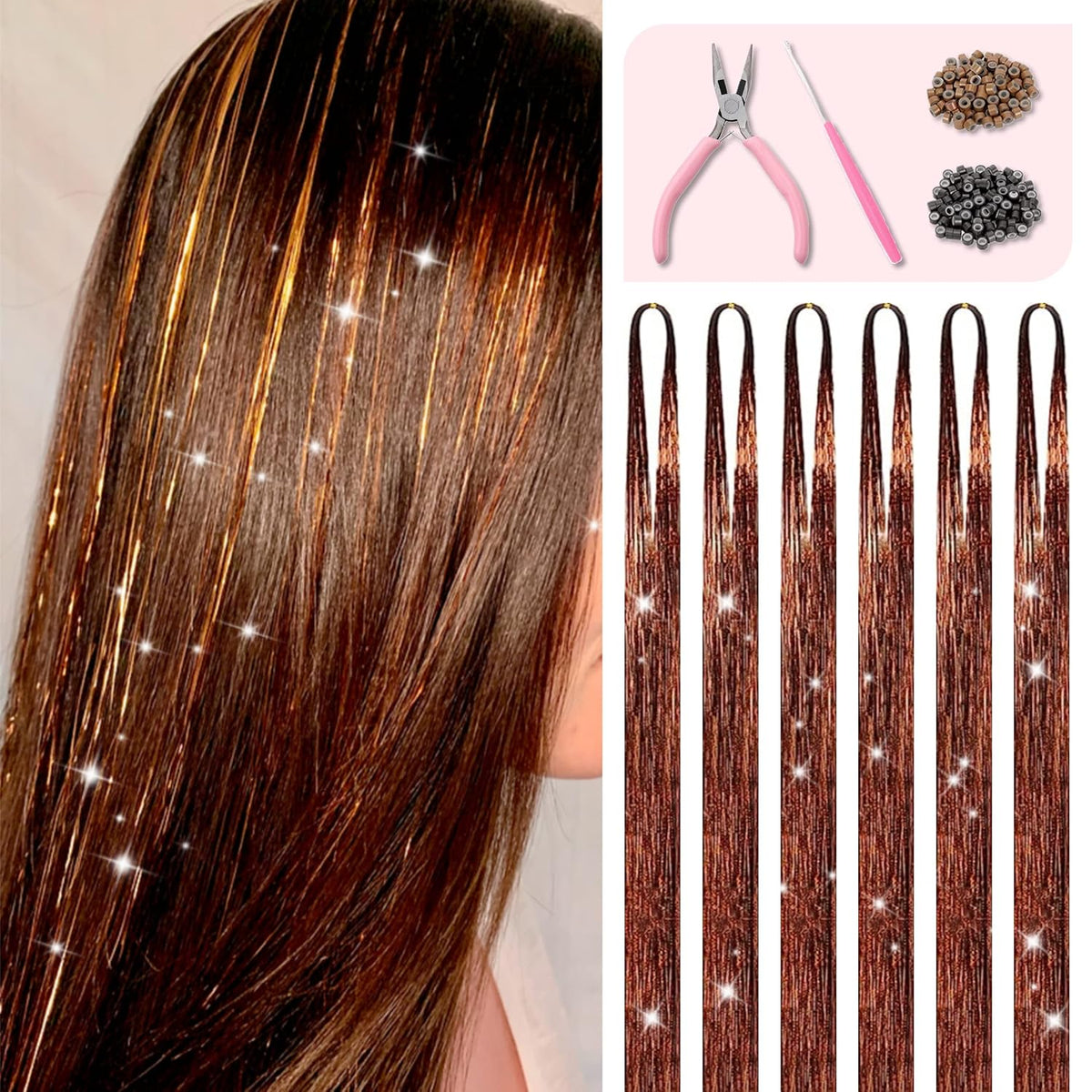 Hair Tinsel Kit with Tools and Instruction Easy to Use 12 Colors 2400 Strands 48 Inches Tinsel Hair Extensions for Women and Girls, Glitter Sparkling Shinny Fairy Hair Accessories for Party