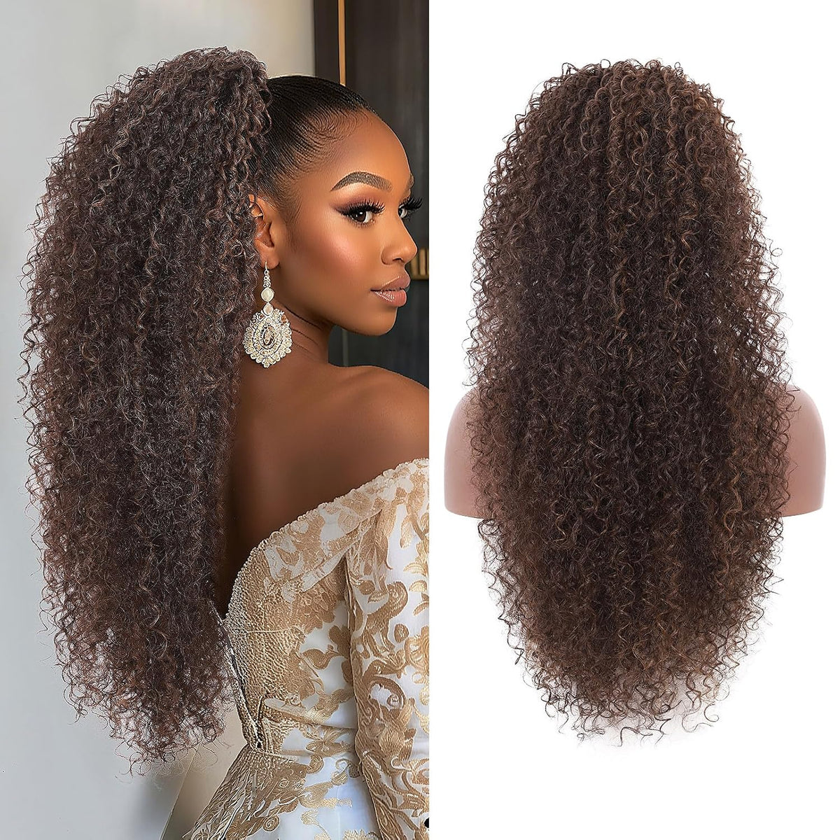 Youthfee 27” Drawstring Ponytail Deep Curly Heat Resistant Instant Clip Ponytail Extension Protective Style Afro Kinky Curly Hair Pieces for Women