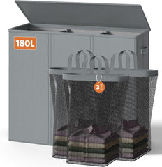 LAMU 180L Laundry Basket 3 Section, Extra Large Laundry Hamper with Lid, Grey Dirty Clothes Hamper with Laundry Bag, Laundry Basket Organizer for Laundry Room Bedroom Bathroom Dorm
