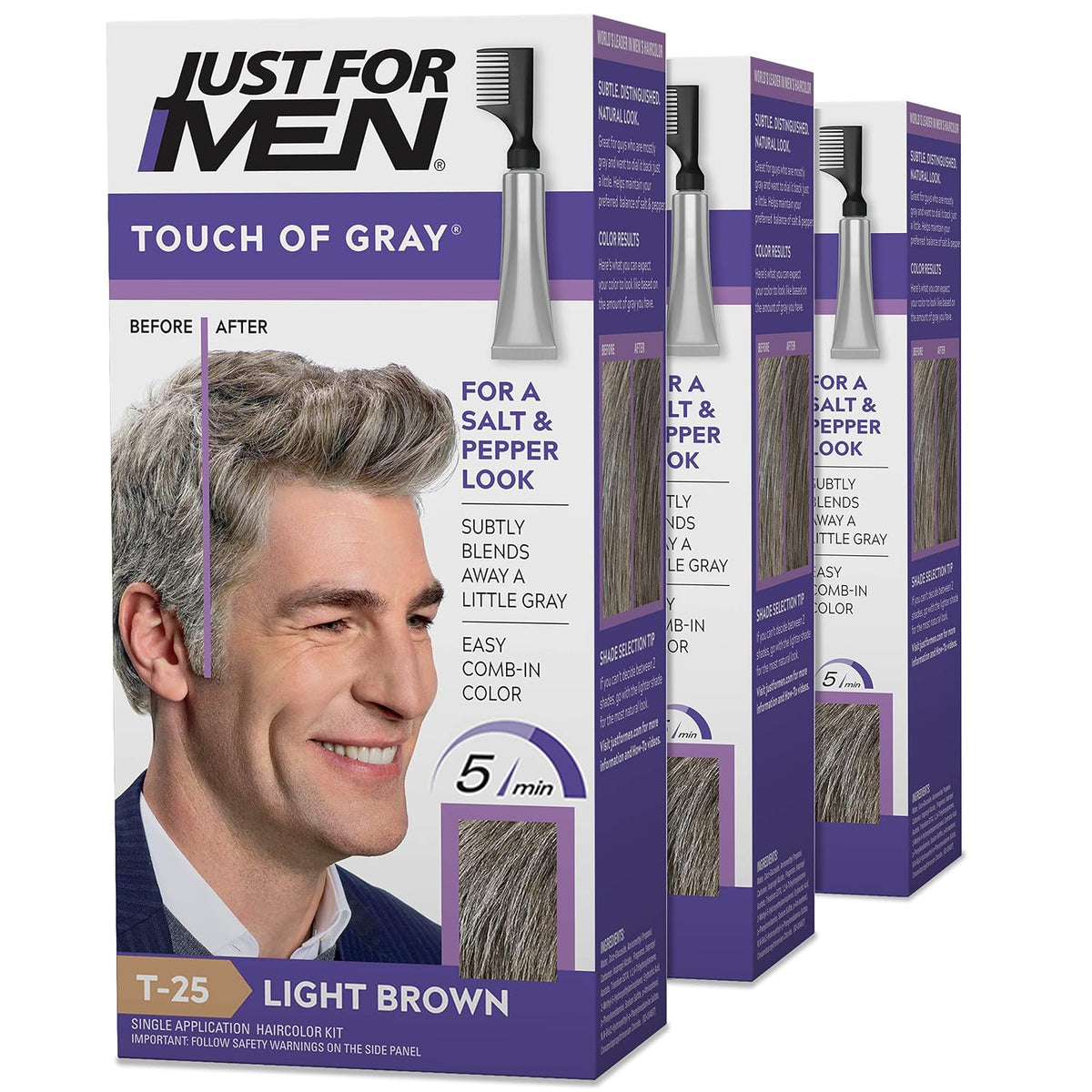 Just For Men Touch of Gray, Hair Coloring with Comb Applicator, Great for a Salt and Pepper Look - Medium Brown, T-35