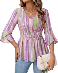 Timeson Women's 3/4 Sleeve Tops Dressy Casual V Neck Floral Blouses Elastic Waist Fall Shirts