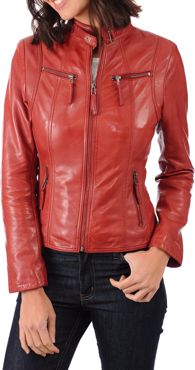 D DOLLY LAMB Women's Lambskin Leather Bomber Biker Jacket