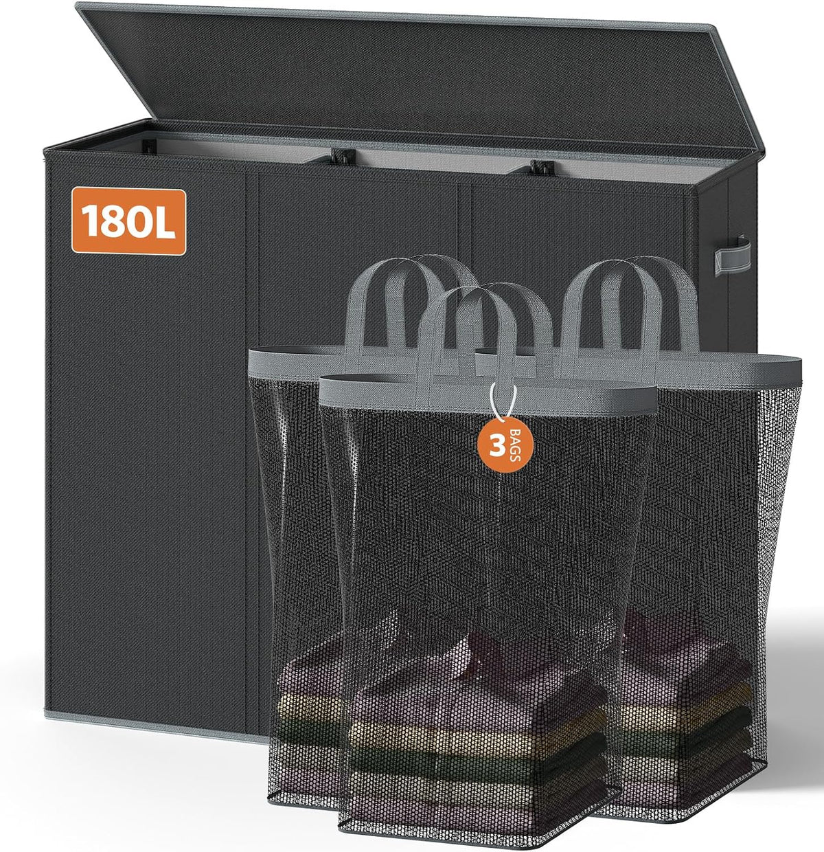 LAMU 180L Laundry Basket 3 Section, Extra Large Laundry Hamper with Lid, Grey Dirty Clothes Hamper with Laundry Bag, Laundry Basket Organizer for Laundry Room Bedroom Bathroom Dorm