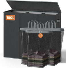 LAMU 180L Laundry Basket 3 Section, Extra Large Laundry Hamper with Lid, Grey Dirty Clothes Hamper with Laundry Bag, Laundry Basket Organizer for Laundry Room Bedroom Bathroom Dorm