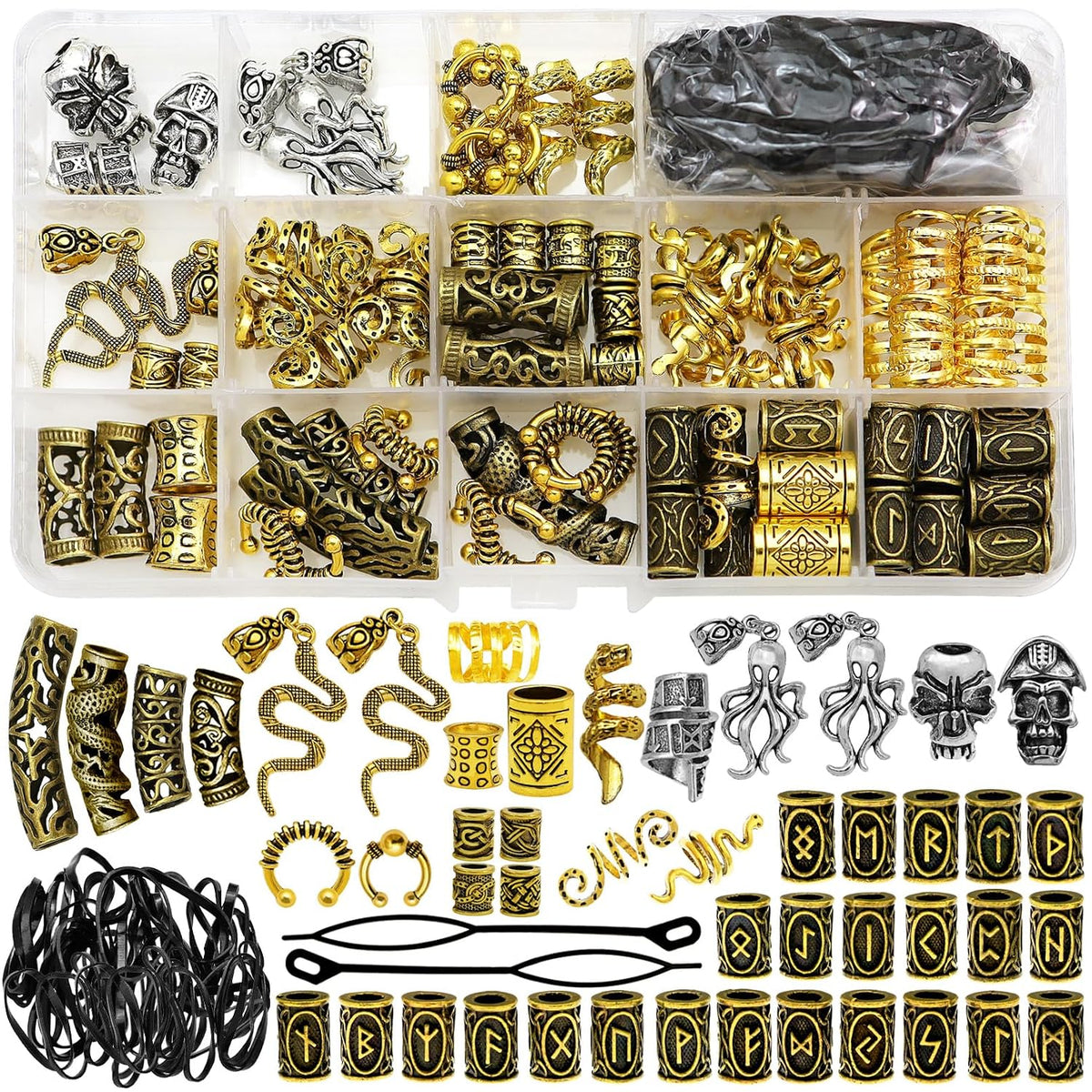 Fscwlmon 207Pcs Viking Hair Jewelry Nordic Runes Tube Beads,Accessories Kit for Braids Dreadlock Beard Locs,Metal Clips Cuff Rings,Braiding Beard Decoration Bracelets Pendant Necklace DIY Silvery