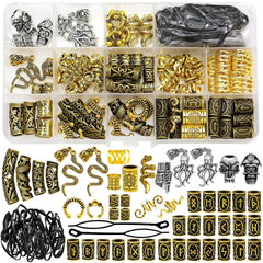 Fscwlmon 207Pcs Viking Hair Jewelry Nordic Runes Tube Beads,Accessories Kit for Braids Dreadlock Beard Locs,Metal Clips Cuff Rings,Braiding Beard Decoration Bracelets Pendant Necklace DIY Silvery