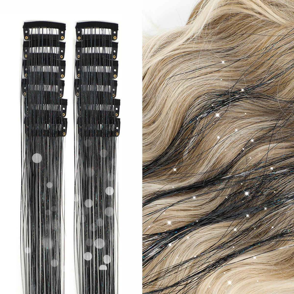 Hair Tinsel Pack of 12 Pcs Clip in Hair Tinsel 19.6Inch Glitter Tinsel Hair Extensions Shiny Sparkly Fairy Hair Tinsel Kit Dazzle Hair Accessories for Women Girls Kids (Silver)