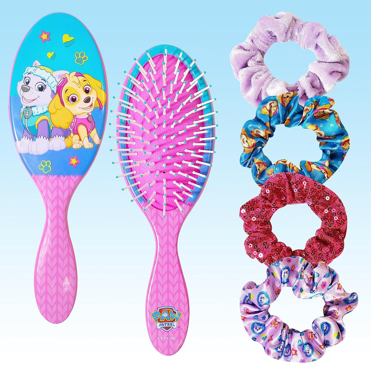 Frozen Princess Elsa Hair Accessory 5 Pcs Set - 1 Regular 9 inch Frozen Hairbrush & 4 Frozen Scrunchies - Detangling Brush & Elastic Hair Ties Ropes for Girls, Ages 3+