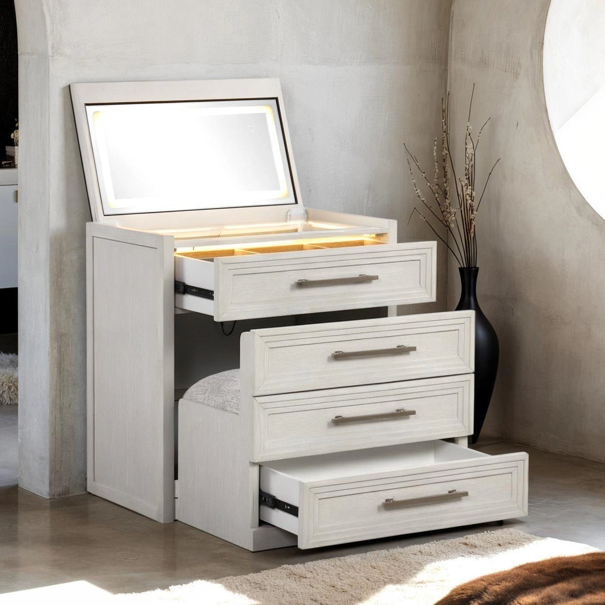 Furniture of America Elettra Modern Wood White Vanity Set with Storage Stool