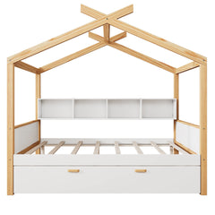 Wooden House Bed with Dual Storage Drawers & Built-in Bookshelf by Harper&Bright Designs