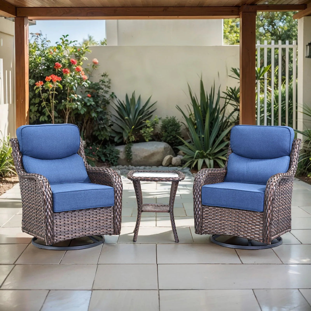 Meyreso 3-Piece Wicker Patio Swivel Glider Chairs with 6-Inch Thick Cushions and Side Table