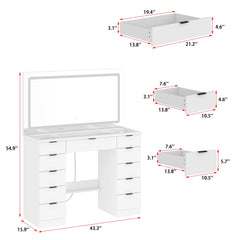 LED Lighted Makeup Vanity w/10 Drawer Modern Dressing Table for Bedroom Glass Top Vanity Table
