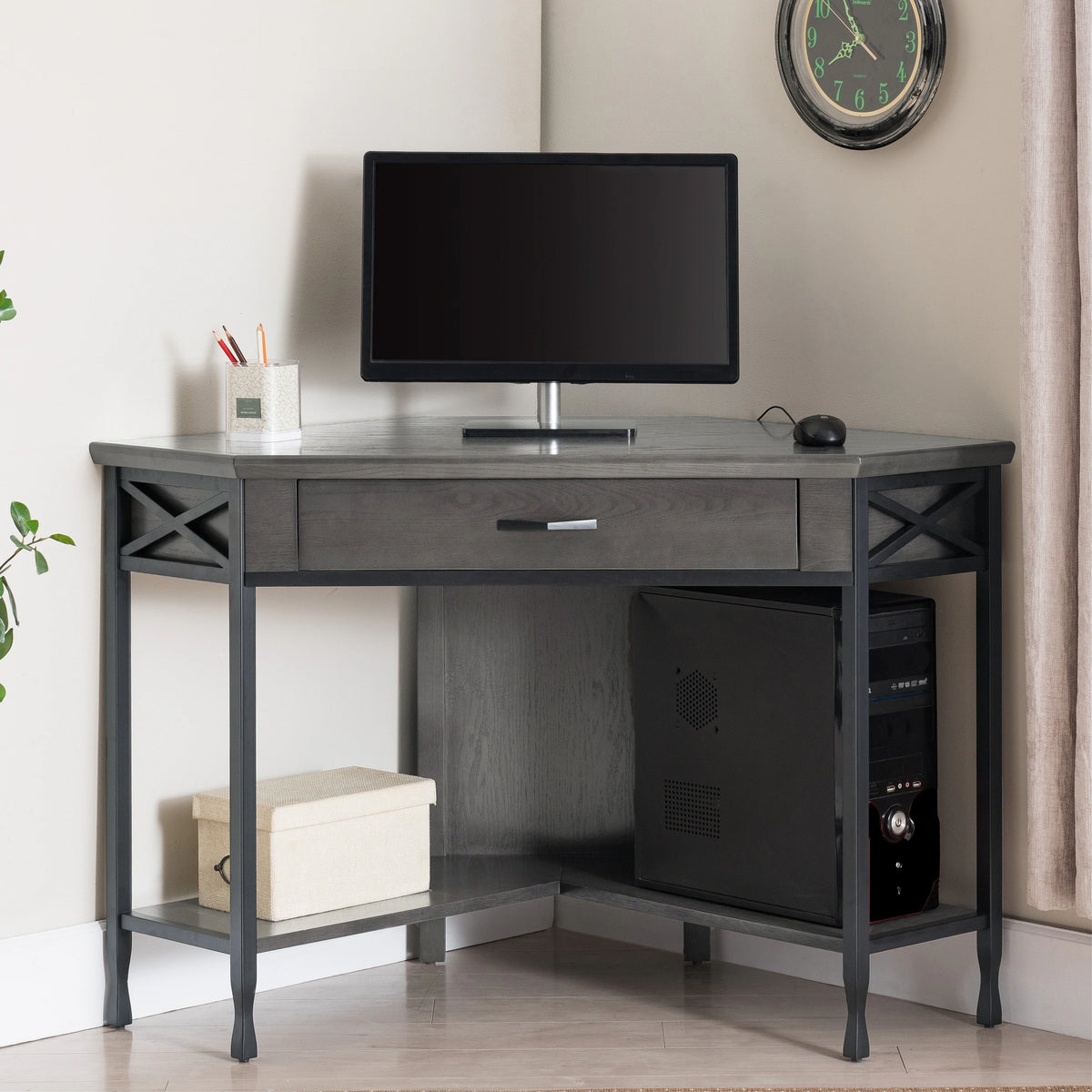 Grey Corner 1 Drawer Metal Computer/Writing Desk