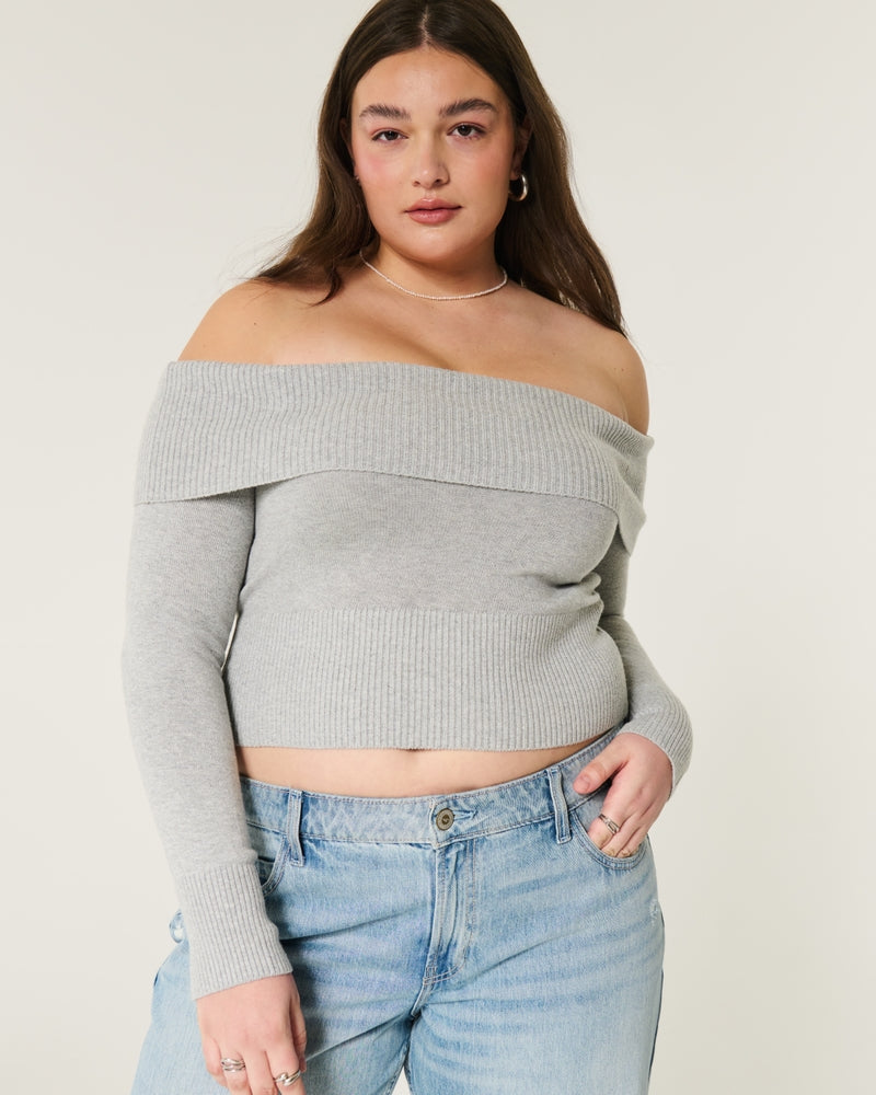 Off-the-Shoulder Sweater-light heather gray