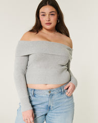 Off-the-Shoulder Sweater-light heather gray