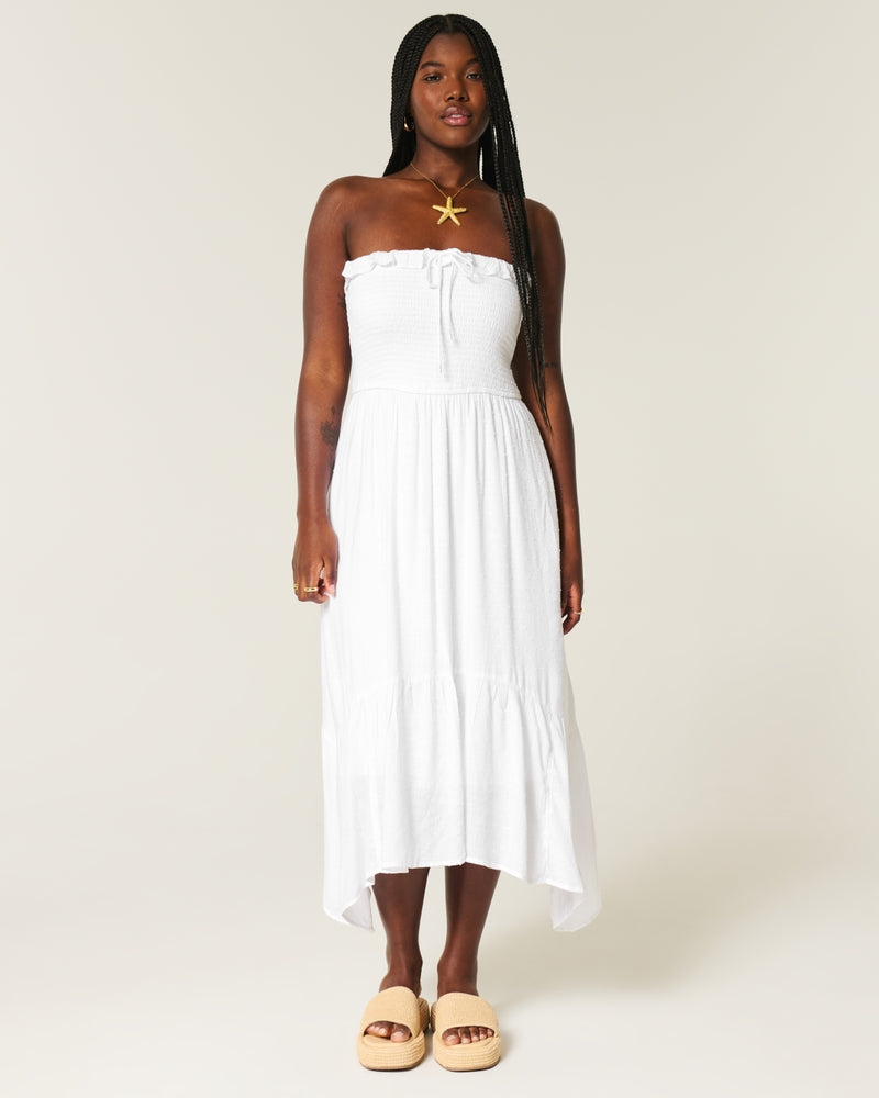 Strapless Smocked Maxi Dress-white
