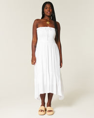 Strapless Smocked Maxi Dress-white