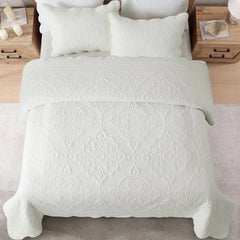 Wholinens Scalloped Edge Washed Microfiber Embroidered Damask Quilt Set 3 Pieces