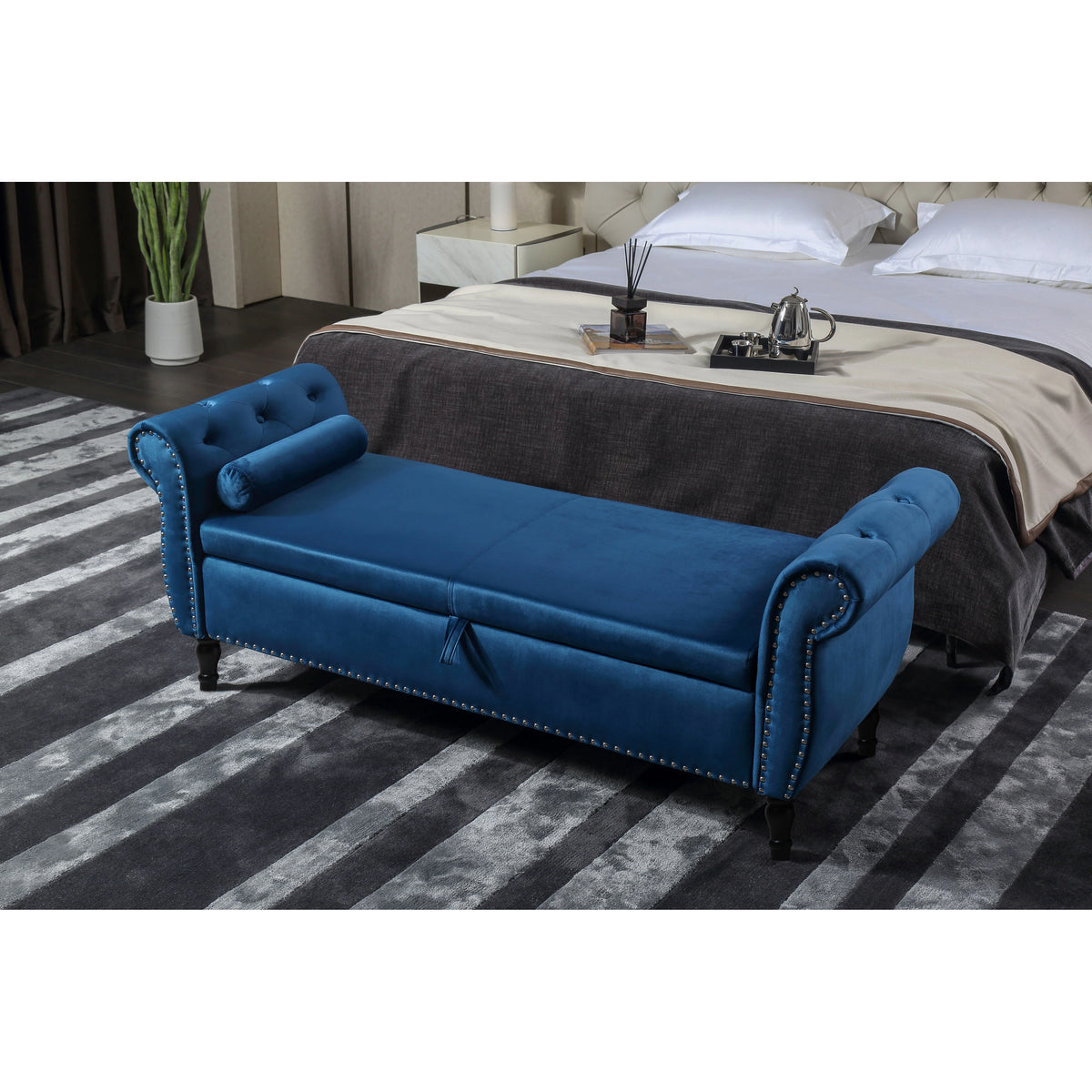 Window Stool Fireplace Bench with Safety Hinges, Upholstered Flap Storage Bench, Footrest Bench with One Pillow