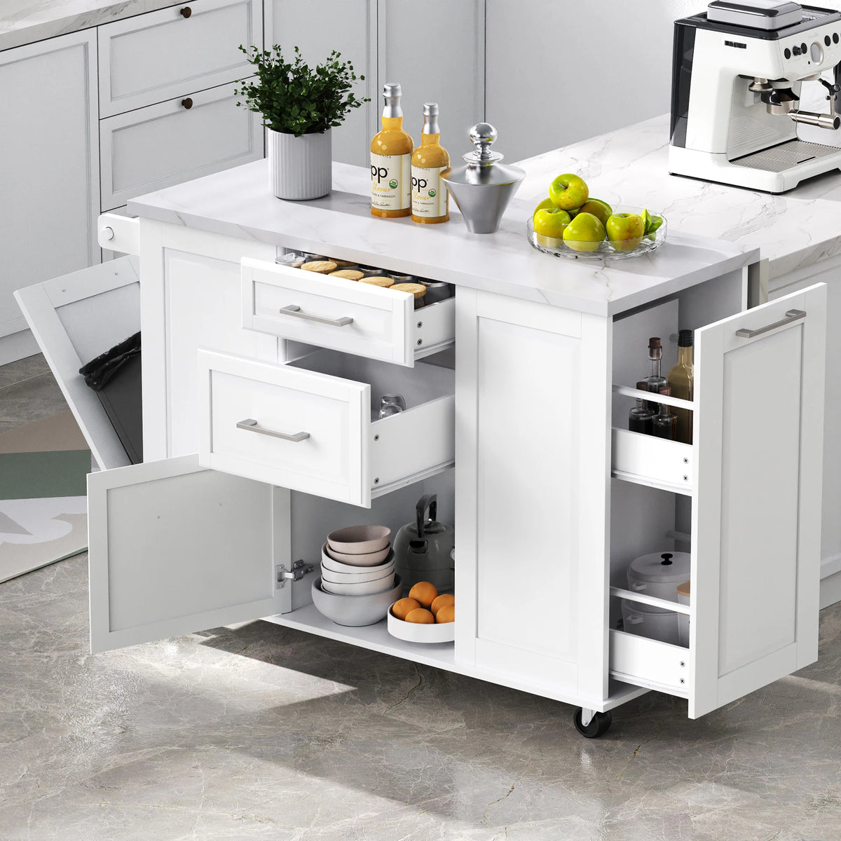 Vintage Rolling Kitchen Cart and Island with Drop Leaf, Tilt Trash Can Cabinet, 2 Drawers and 2-tier Pull-out Storage Organizer