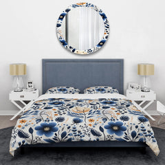 Designart "Nordic Blue Bloom Scandinavian Floral I" White Cottage Bedding Cover Set With 2 Shams