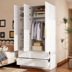 Modern White Wardrobe Closet with Mirror - Multi-Functional Bedroom Storage Cabinet