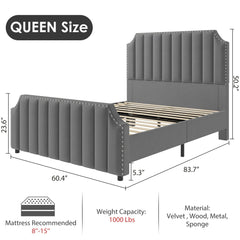 Velvet Upholstered Bed Frame with Headboard and Footboard