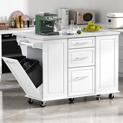 Vintage Rolling Kitchen Cart and Island with Drop Leaf, Tilt Trash Can Cabinet, 2 Drawers and 2-tier Pull-out Storage Organizer