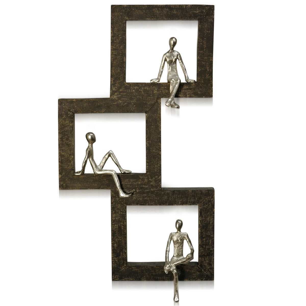 Ashaa - Waiting Windows - Natural Stained Wood Wall Sculpture with Painted Pewter Sitting Figurines