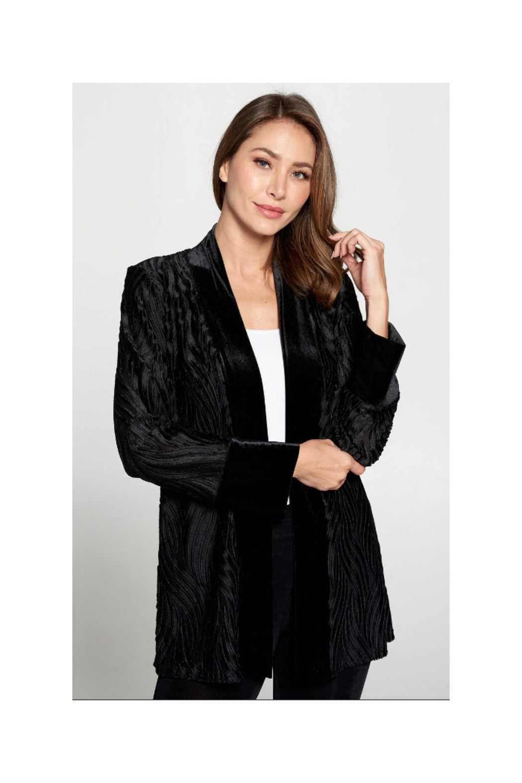 Black Velvet Burnout Jacket with Solid Black Velvet Front Band and Cuff