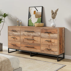 Vintage 9-Drawer Dresser 63" Wide Wood Rustic Chest of Drawers