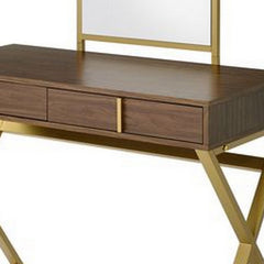 50 Inch Classic Arched Mirror Vanity Desk, Wood, X Metal Frame, Brown, Gold
