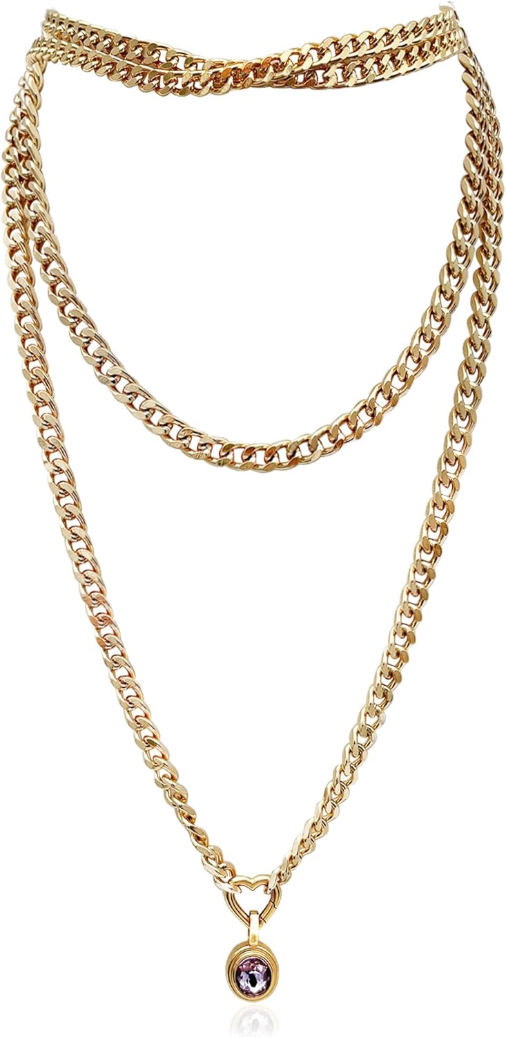 Women's Chunky Gold Chain Necklace – Crystal Pendant, Layered Heart Slip Chain with Cuban Link and Heart-Shaped Clasp, Trendy Choker Jewelry