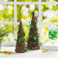 Glitzhome 16"H Set of 2 St. Patrick's Rattan Shamrock and Berries Table Tree