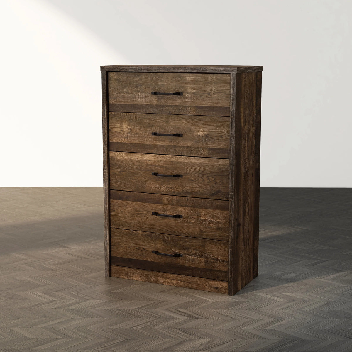 Greer Rustic Walnut and Black Bar 5-Drawer Chest by Furniture of America