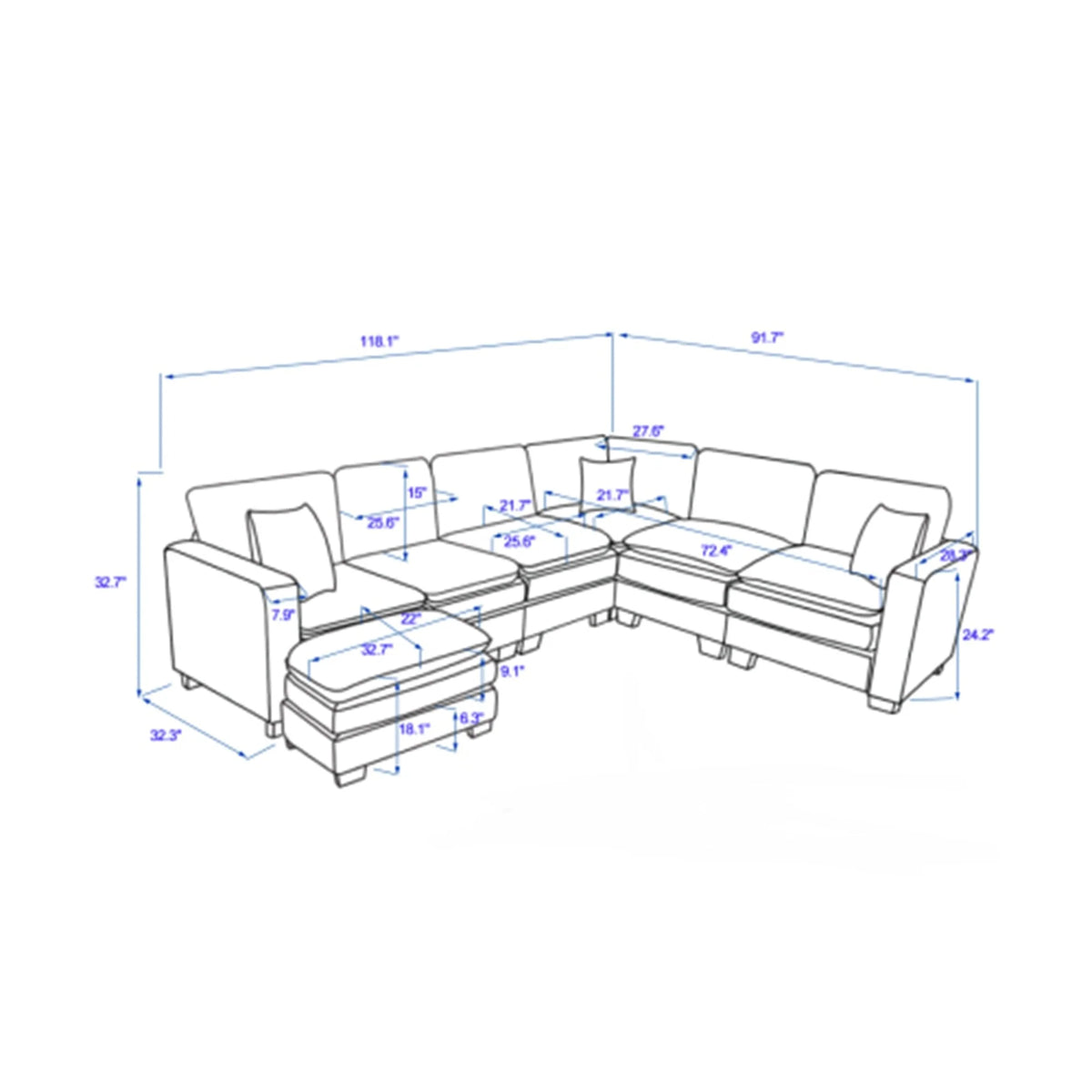 Modern U-Shaped 6-seat Corduroy Modular Sectional Sofa with 1 Ottoman