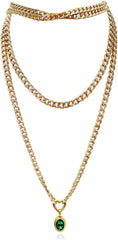 Women's Chunky Gold Chain Necklace – Crystal Pendant, Layered Heart Slip Chain with Cuban Link and Heart-Shaped Clasp, Trendy Choker Jewelry