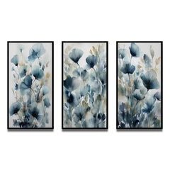 Designart "Blue Leaf Foliage And Flowers III" Floral Leaves Framed Wall Art Set Of 3 For Home Decor