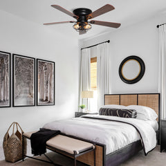Industrial 48-in Wood 5-Blade Flush Mount Black Low Profile Ceiling Fan with Remote and Light Kit