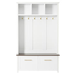 Elegant 4-in-1 Hall Tree with Golden Hooks, Wood Grain Bench, and Ample Storage