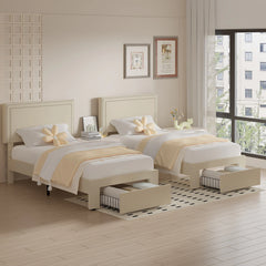 VECELO Set of 2 Twin Beds with Rolling Underbed Drawer Height Adjustable Headboard Rivet-Trimmed Headboard Twin Beds