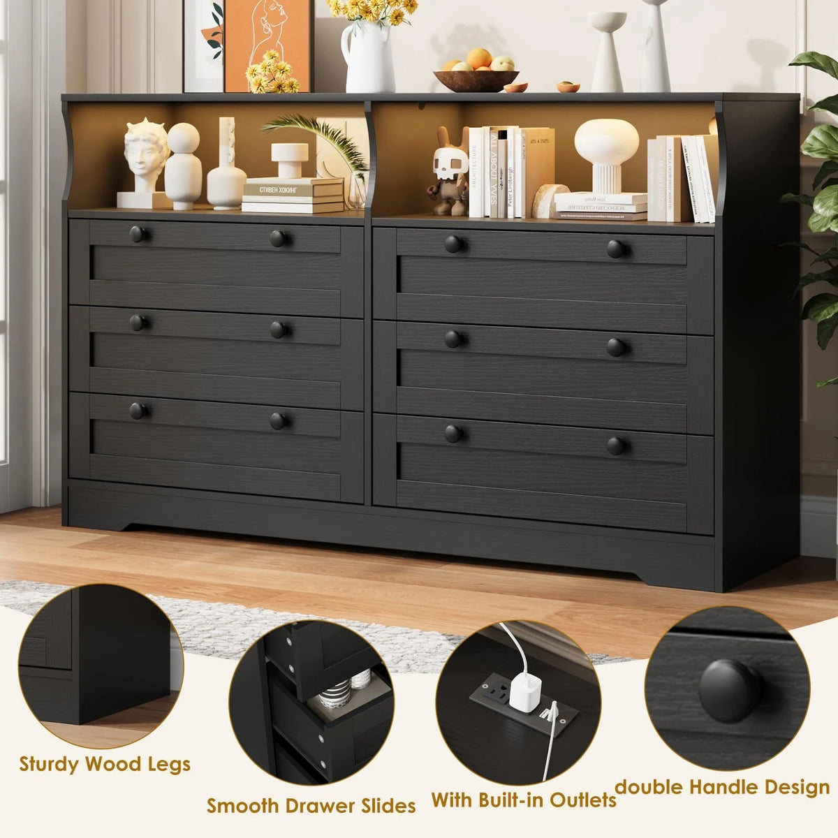 6 Drawer Large Wooden Dresser, with LED Light and Power Outlet