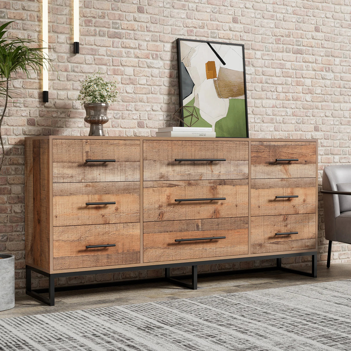 Vintage 9-Drawer Dresser 63" Wide Wood Rustic Chest of Drawers
