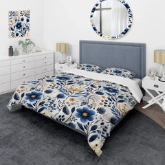 Designart "Nordic Blue Bloom Scandinavian Floral I" White Cottage Bedding Cover Set With 2 Shams