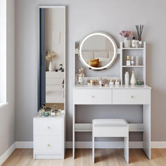Makeup Vanity Set with Full Body Mirror Cabinet, 17" LED Mirror, Touch Control, Large Storage and Stool Included
