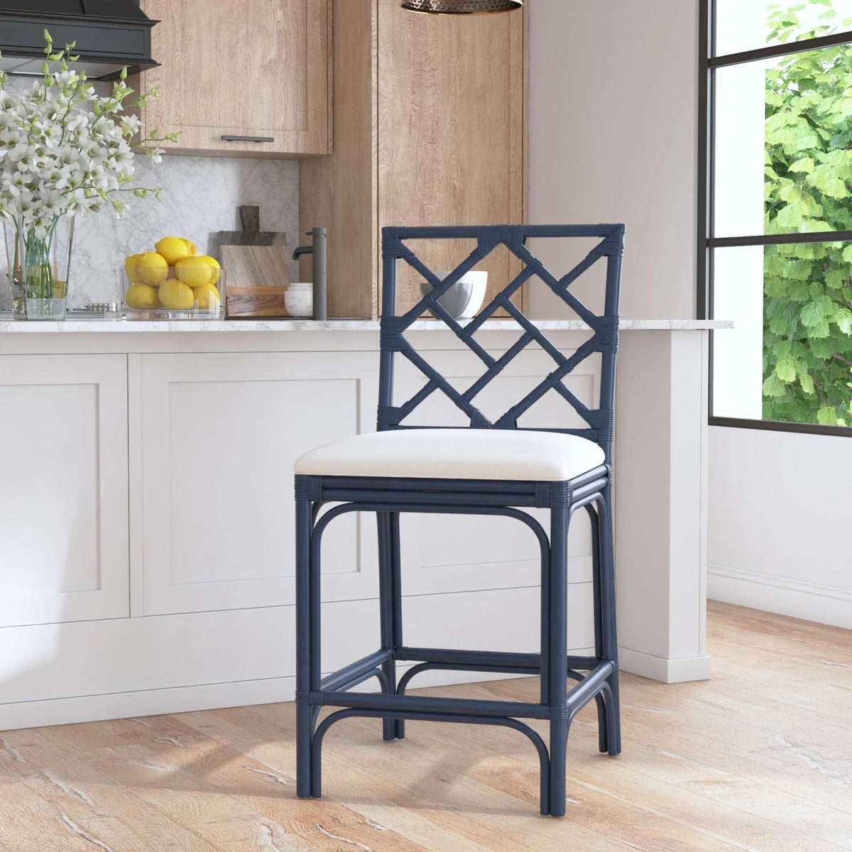 Natural Rattan Handmade Chippendale Single Cushioned Bar Stool by East at Main