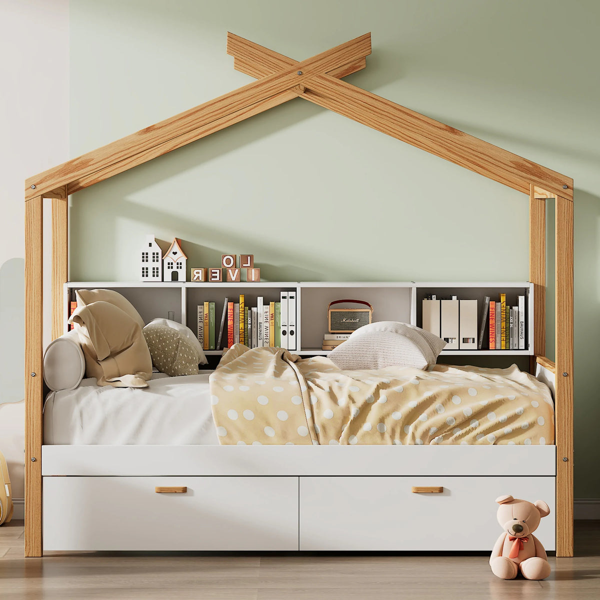 Wooden House Bed with Dual Storage Drawers & Built-in Bookshelf by Harper&Bright Designs