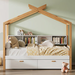 Wooden House Bed with Dual Storage Drawers & Built-in Bookshelf by Harper&Bright Designs