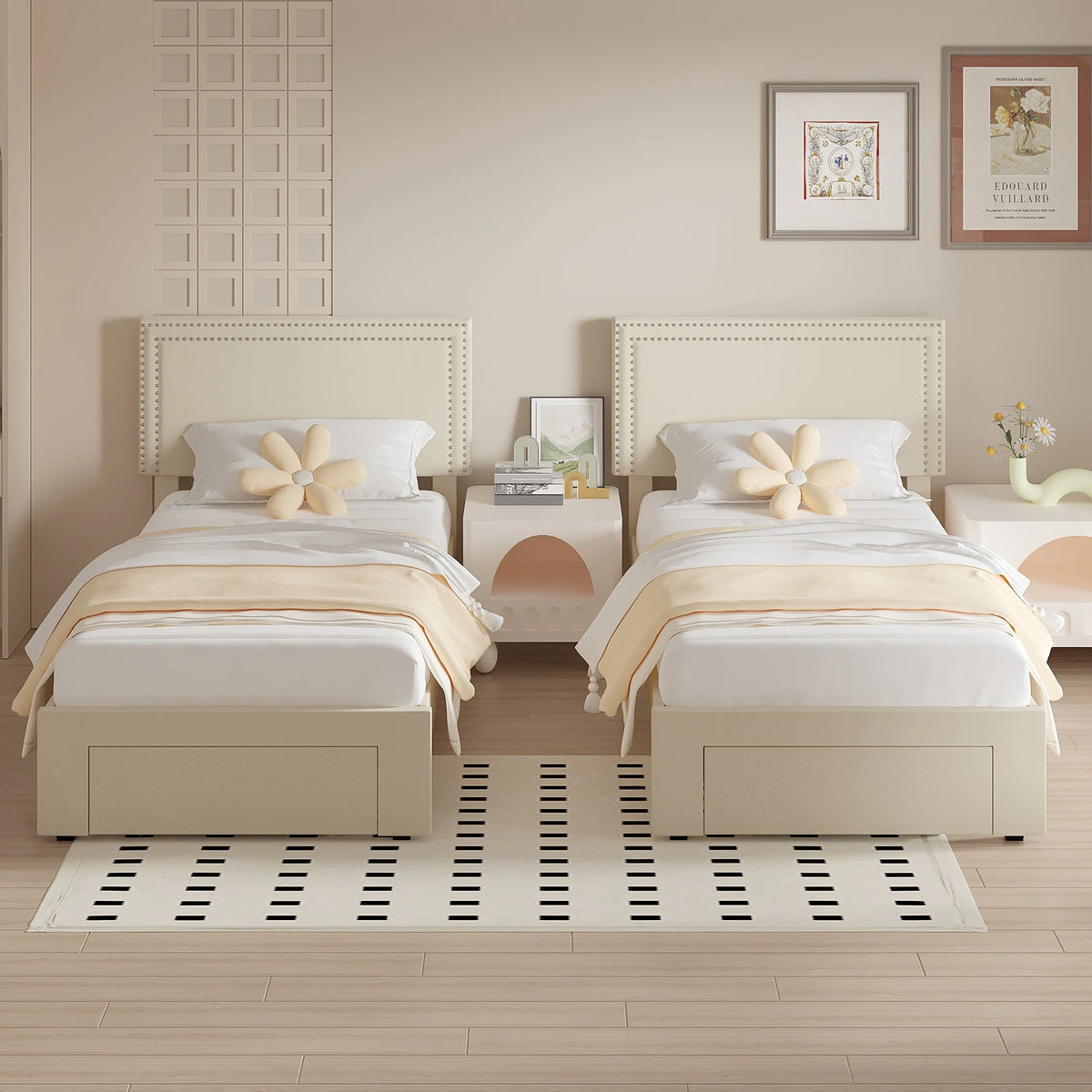VECELO Set of 2 Twin Beds with Rolling Underbed Drawer Height Adjustable Headboard Rivet-Trimmed Headboard Twin Beds