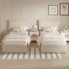 VECELO Set of 2 Twin Beds with Rolling Underbed Drawer Height Adjustable Headboard Rivet-Trimmed Headboard Twin Beds